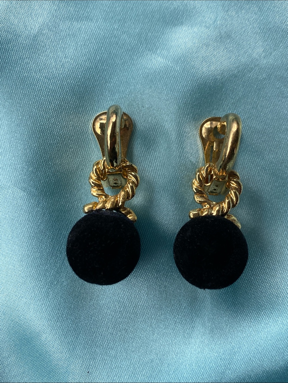 Gold Tone Twisted Look Hoop Clip On Earrings with Black Velvet Dangle Balls